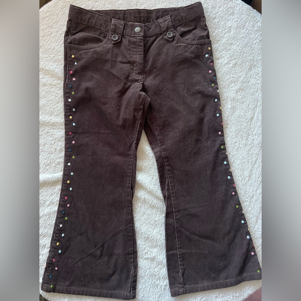 Gymboree girls brown flare bottom corduroy pants with embroidered polka dots